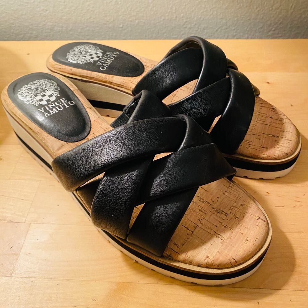 Vince Camuto Black Crossband Cork Platform Slide Sandals